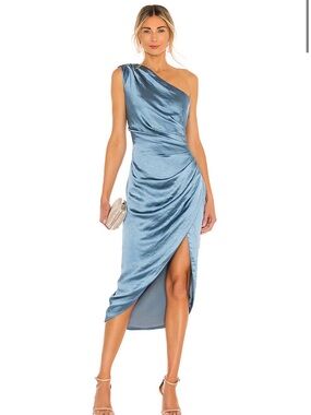 NWT Elliatt One-Shoulder Satin Midi Dress in Dusty Blue